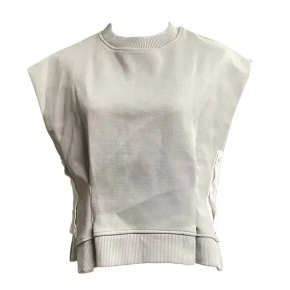 The Vault sleeveless ribbed knit boxy silhouette top pleated front Large gray - Picture 1 of 7